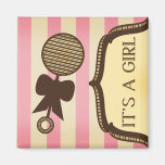 Vintage Pink Stripes Rattle Girl Baby Shower Favou Fridge Magnet