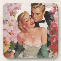 Vintage Portrait, Bride Groom, Newlyweds w Flowers Drink Coaster