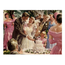 Vintage Reception Bride Groom Newlyweds Cut Cake Postcard
