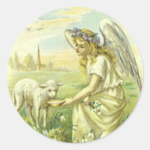 Vintage Religion Easter, Victorian Angel with Lamb Round Stickers