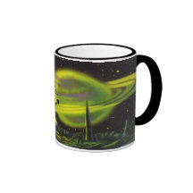 Vintage Science Fiction Neon Green Planet w Rings Mugs