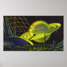 Vintage Science Fiction Neon Green Planet w Rings Posters