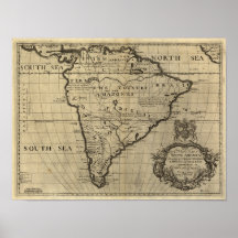 Vintage South America Map, 1690's (circa) Print