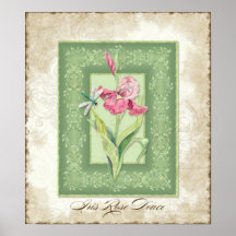 Vintage Style Floral - Pink Iris with Brocade Print