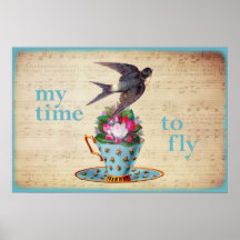 Vintage Teacup, Roses, and Flying Swallow Poster