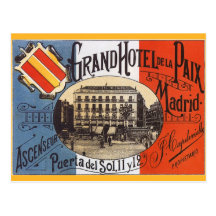 Vintage Travel Poster, Hotel Paix, Madrid, Spain Post Card