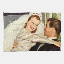 Vintage Wedding Bride and Groom, Happy Newlyweds Kitchen Towels