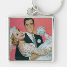 Vintage Wedding, Groom Carrying Bride, Newlyweds Key Chain