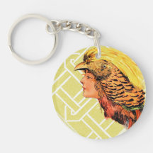 Vintage Woman Bird Headress Yellow Red Orange Keychain