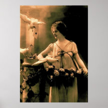 Vintage Woman with Doves Poster
