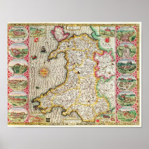 Wales, engraved by Jodocus Hondius Print