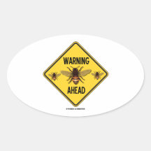 Warning Bees Ahead Three Bees Yellow Diamond Sign Oval Stickers