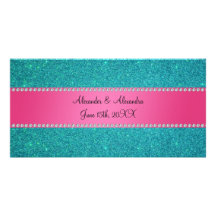 Wedding favors turquoise glitter customized photo card