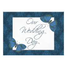 Wedding Flat Invitation Butterfly Brocade blue