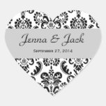 Wedding Heart Damask Black and White Heart Stickers