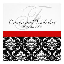 Wedding Invitation Monogram Damask Red Back View
