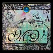 WEDDING LOVE BIRDS MONOGRAM black green blue invitations