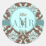 Wedding Monogram Brown Blue Damask Seal Round Stickers
