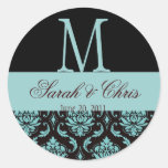Wedding Monogram Damask Blue Black  Seal Stickers