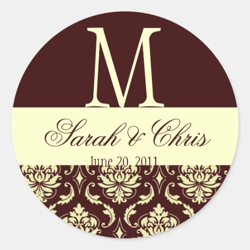 Wedding Monogram Damask Brown Ivory Seal Round Sticker