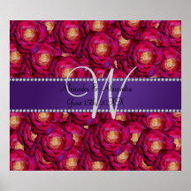 Wedding monogram maroon pink roses poster