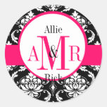 Wedding Monogram Names Hot Pink Damask Seal Stickers