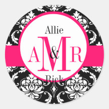 Wedding Monogram Names Hot Pink Damask Seal Stickers