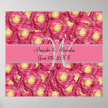 Wedding monogram pink roses poster