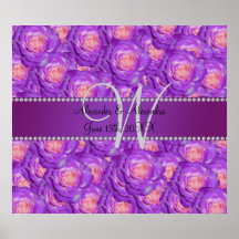 Wedding monogram purple roses print