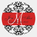 Wedding Monogram Save Date Damask Red Seal Round Sticker