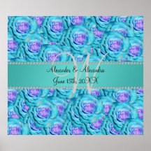 Wedding monogram turquoise roses print