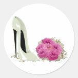 Wedding Stiletto Shoe and Bouquet of Roses Round Stickers