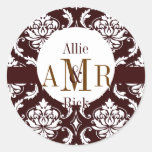 Wedding Three Monograms & Names Brown Damask Seal Round Sticker