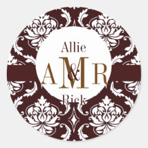 Wedding Three Monograms & Names Brown Damask Seal Round Sticker