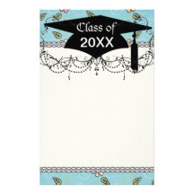 whimsical flowers on blue graduation customized stationery