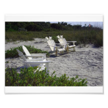 White Adirondack Chairs on Beach Art Photo