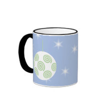 White and Green Christmas Bauble. On Starry Blue. Mugs
