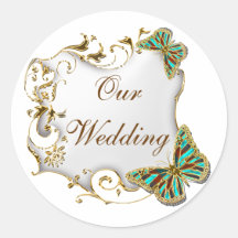 White aqua gold favour seals round sticker