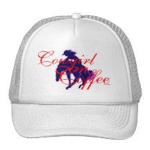 White ball cap with Cowgirl On Coffee Mesh Hat