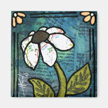 White Daisy on Blue Background - Collage Fridge Magnet