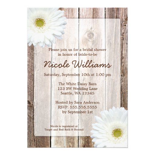 White Daisy Rustic Barn Wood Bridal Shower Personalised Invitations