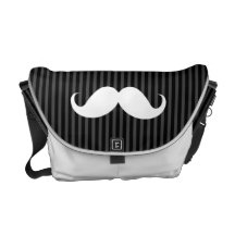 White handlebar moustache on grey black stripes commuter bags