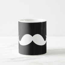 White handlebar moustache on grey black stripes mug