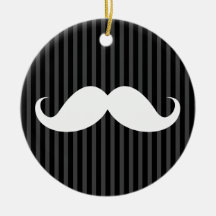 White handlebar moustache on grey black stripes christmas ornament