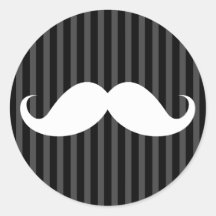 White handlebar moustache on grey black stripes round sticker