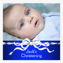 White Navy Blue Baby Boy Photo Christening invitations