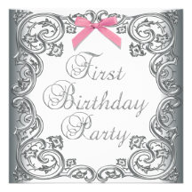 White Pink Girls 1st Birthday Party Custom Invitation