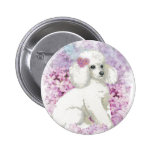 White Poodle in the Lilacs Art and Gifts Pinback Button