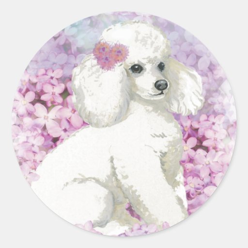 White Poodle in the Lilacs Art and Gifts Stickers