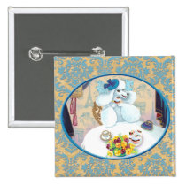 White Poodle Tea Party on Damask buttons